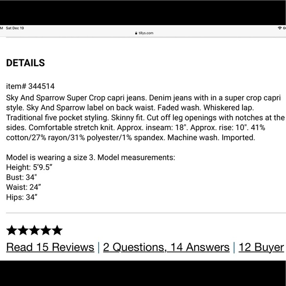 NWT Sky and Sparrow Super Crop Denim Capri Jeans - Picture 7 of 7